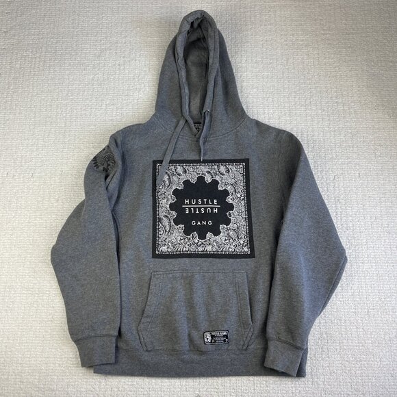 Hustle Gang Gray Hoodie Sweatshirt with Native American Design Sleeve Mens M - Picture 1 of 16
